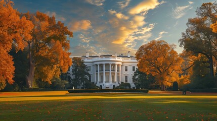 White House surrounded by autumn trees, under cloudy sky