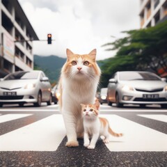 A cat with a kitten standing on the road against the background of passing cars.