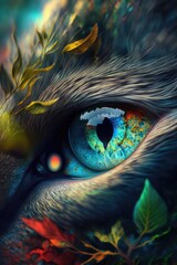 Ethereal Cat Eye Gazing into Vibrant Forest Reflection Generative AI