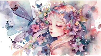 Fototapeta premium Whimsical Fairy and Flowers Watercolor Illustration Generative AI