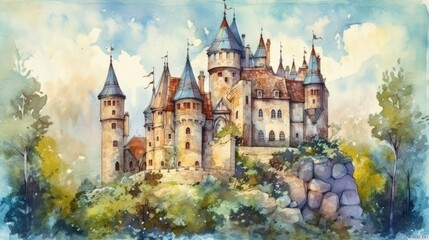 Fototapeta premium Enchanting Watercolor Illustration of a Fairy Tale Castle Generative AI