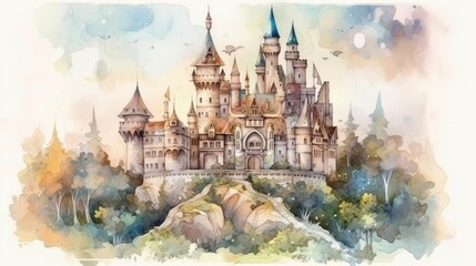 Enchanting Watercolor Fairy Tale Castle Generative AI - obrazy, fototapety, plakaty