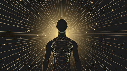 Illustration silhouette of human body with golden rays lines on black background. AI generated