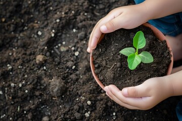 a kid holding a tiny pot with small plant growing inside it - Gardening and horticulture