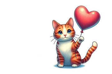 Cute cat with a balloon in the shape of a heart. Space for text.