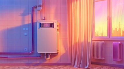 Water heater on wall connected to radiator in room with plastic tubes and curtained window. Comfortable home equipment modern central heating system Realistic 3D modern image