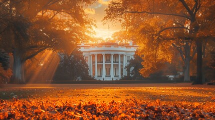 The White House sits amidst tall trees and a vibrant green lawn