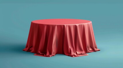 Blank linen cloth with drapes on the dining table. Modern realistic mockup of an empty dining desk with a red tablecloth. - obrazy, fototapety, plakaty