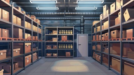 Refrigerator room in factory, store, or restaurant with racks of cardboard boxes. Modern realistic interior with shelves and tiled walls.