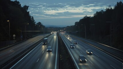 Fototapeta na wymiar Aerial view of highway or motorway with forest side on the evening scene. AI generated image