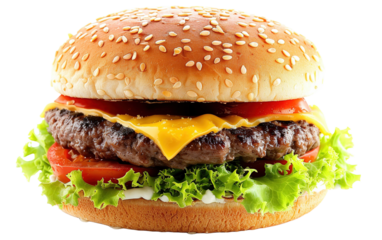 Big tasty cheeseburger with dark on white background,png