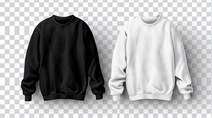 The mockup shows a black and white sweatshirt and a white long sleeved shirt isolated on a transparent background. Check out the mockup below for a realistic view of sweaters and pullovers in front - obrazy, fototapety, plakaty