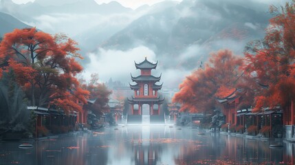A pagoda painting in the middle of a lake with trees and mountains