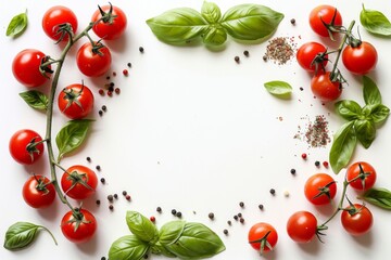 Food ingredients like tomatoes, basil, pepper, and salt on a white dishware