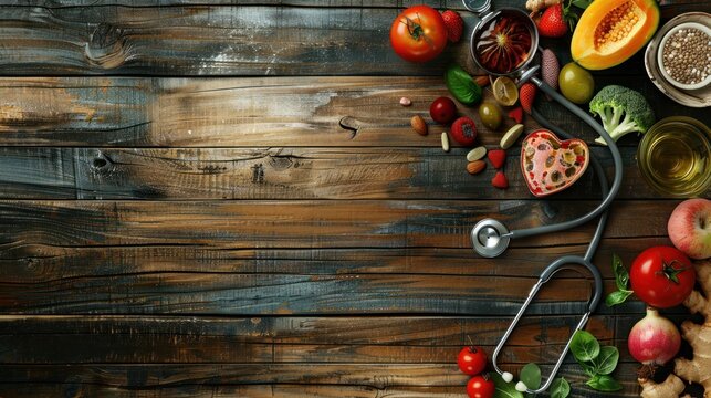 Stethoscope with healthy food in heart shaped for diet at wooden board. AI generated image