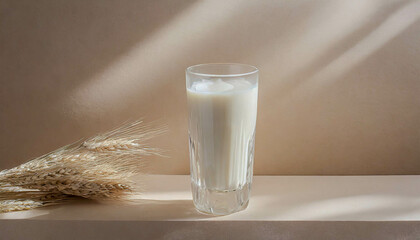 A glass of milk standing on a beige countertop next to ears of wheat, illuminated by the sun's rays, boho style. Szklanka mleka stojąca na beżowym blacie obok kłosów pszenicy w boho stylu.