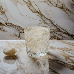 A glass of water standing on an elegant white and gold marble background. Szklanka z wodą stojąca na eleganckim marmurowym bialo złotym tle. 
