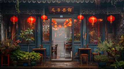 a chinese restaurant with red lanterns in front of it