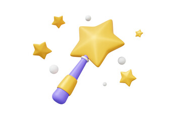 Magic wand star. on isolated background. Fantasy elements magical tool symbol of miracles and the fulfillment of desires wish. cartoon style. cute smooth. 3d render illustration