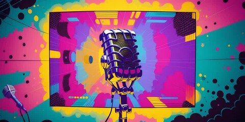 comics pop art style podcast microphone in a frame in bright bold colors