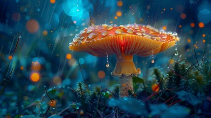 Enter a realm of enchantment and wonder, where a luminous backlit glowing forest mushroom is captured in mesmerizing detail through macrophotography.