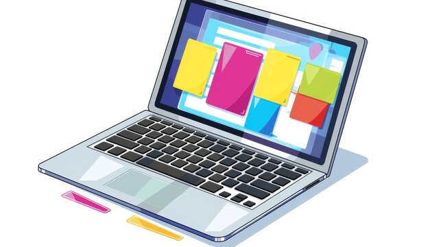 There are reminder cards stuck on the cover of an open laptop. Cartoon modern illustration isolated on a white background