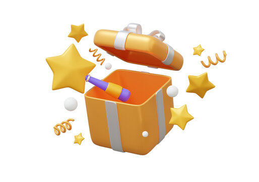 Open giftbox Magic wand star. on isolated background. Fantasy elements magical tool symbol miracles fulfillment of desires wish. cartoon style cute smooth. 3d rendering illustration