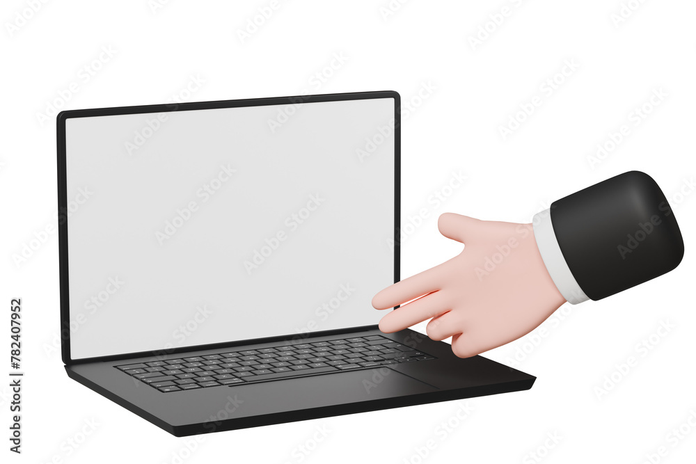 Poster 3d computer laptop device with hand on keyboard button. typing on notebook. minimal laptop with empt