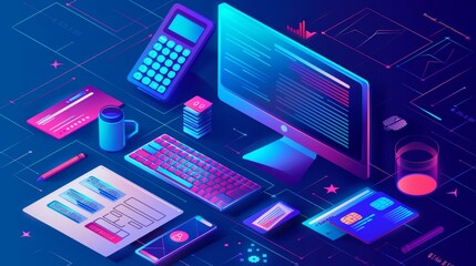 Banner with online tax calculator. Concept of income audit, digital accounting and tax payments. Modern landing page with isometric accounting form on computer monitor. - obrazy, fototapety, plakaty