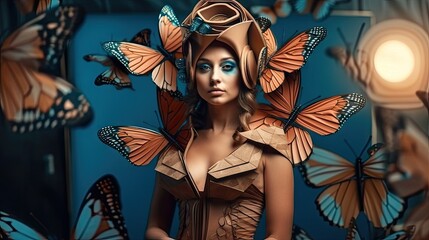 Futuristic Fashion Models in Surreal Butterfly Backdrop Generative AI