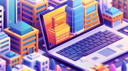 A banner depicting a real estate market with isometric city buildings and skyscrapers on a laptop screen. Search house and apartments online.