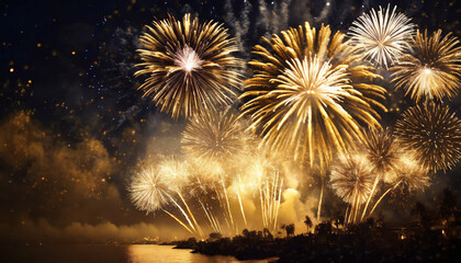 golden fireworks illuminate the night sky, celebrating joyous occasions like anniversaries, New Year's, and festive holidays
