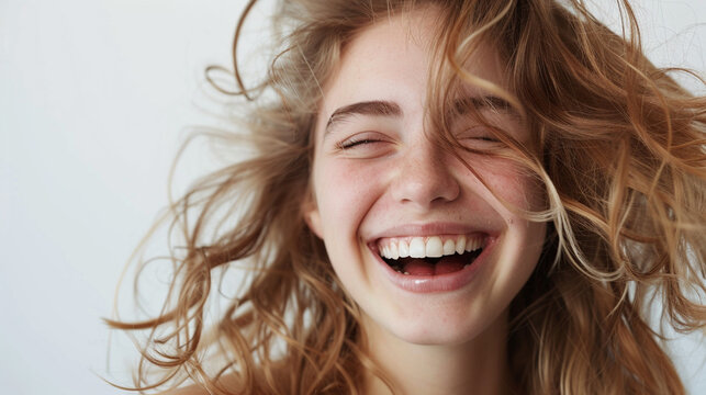 Studio photo of a cheerful girl laughing at the camera on white background