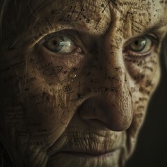 An old lady woman, face filled with words showing experience - small tattoos or mathematics equation number
