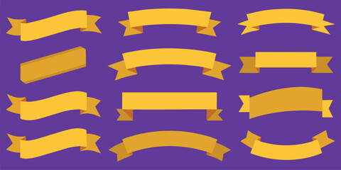 Ribbon, banner or tag vector art set. Flat gold color.
