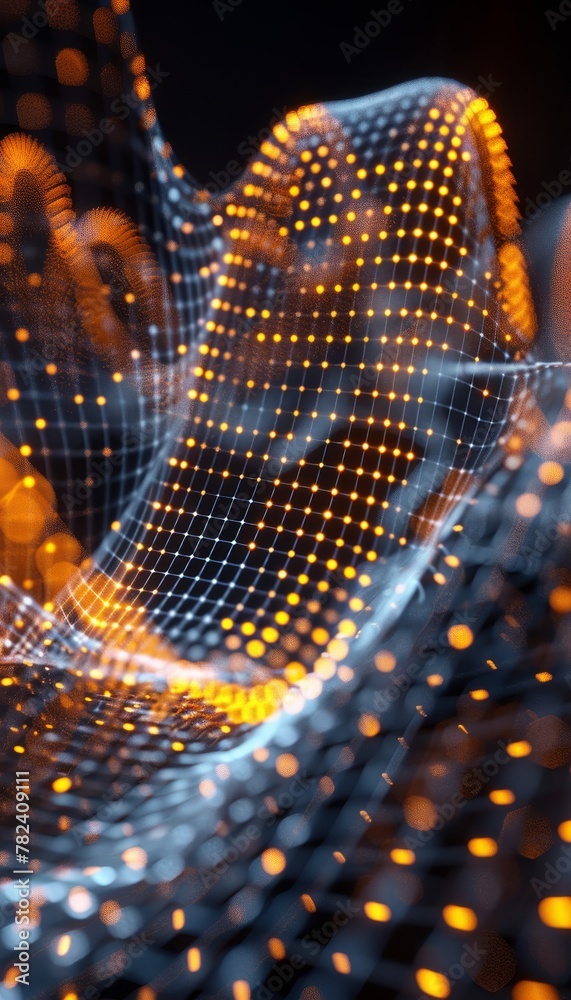Poster data flow network connection stream with particle wave symbolizing information technology