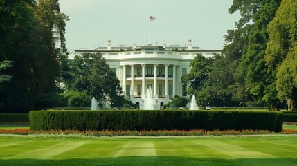 The White House sits amidst tall trees and a vibrant green lawn