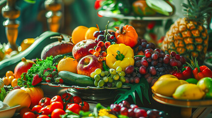 A table decorated with different colors of fresh vegetables and fruits at a market stall. Fruits,...