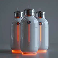 Illuminated Robotic Water Bottles with Futuristic Red Light Accents in Minimalist Studio Setting