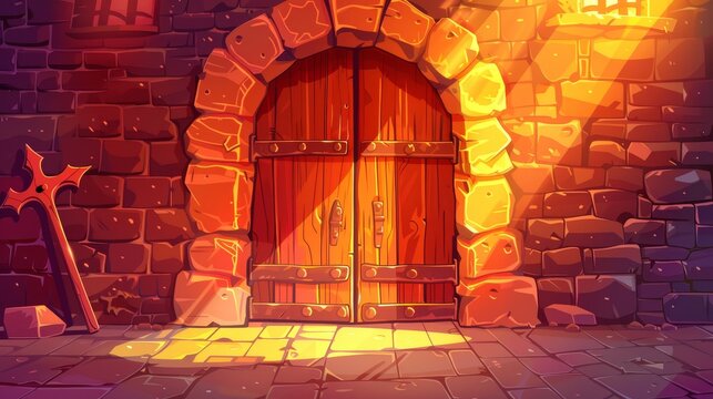 Cartoon modern illustration of medieval dungeon or castle interior with wooden arched door and brick wall, entry to palace with sunlight falling through a barred window. Fairytale building exterior.