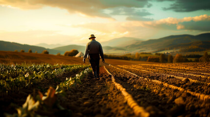 A farmer working in his field with the mountains illuminated by the sun in the background. Rolnik pracujący na swoim polu na tle gór oświetlanych promieniami słońca. 
