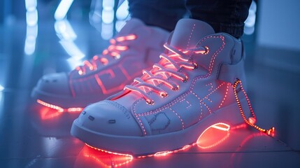 Futuristic White Robot Shoes Featuring Glowing Red Light Lines and High Tech Design Concept