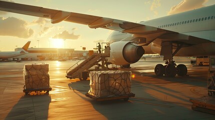 Airplane with cargo boxes and loading crew at airport, wide plane in the sunlight. The success of air transport, flight travel, and shipping. AI generated illustration