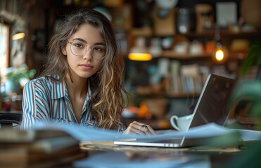 Young professional woman sits at her desk, engrossed in work, reading documents on her laptop