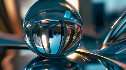 A glass ball reflecting light close up, creating the illusion of depth and space, background, texture