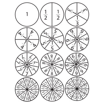 Fractions, math education. A circle divided into parts from 1 to one twelfth icon