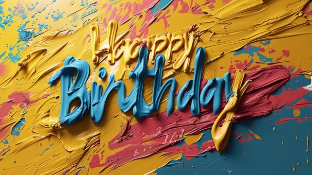 a happy birthday sign painted on a yellow and blue background