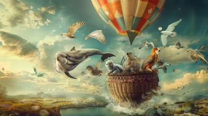 Obraz premium This painting depicts a basket floating in mid-air with various realistic animals inside, including a dolphin, deer, eagle, cat, bear, fox, and raccoon. The animals appear calm and curious as they