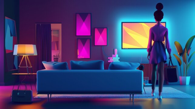 An evening scene of a woman coming home from work and watching TV. Modern cartoon illustration of a dark living room interior with glowing television screens, a sofa, and a woman with a handbag.