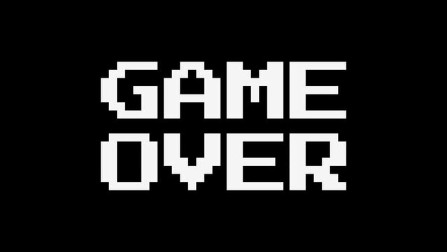 Double line &ldquo;GAME OVER" in a mootone color, rotating and shaking gently. White, Black, and Green Chroma Key bg. Ideal for video games, online ads, and design. Retro 8-bit game aesthetic.